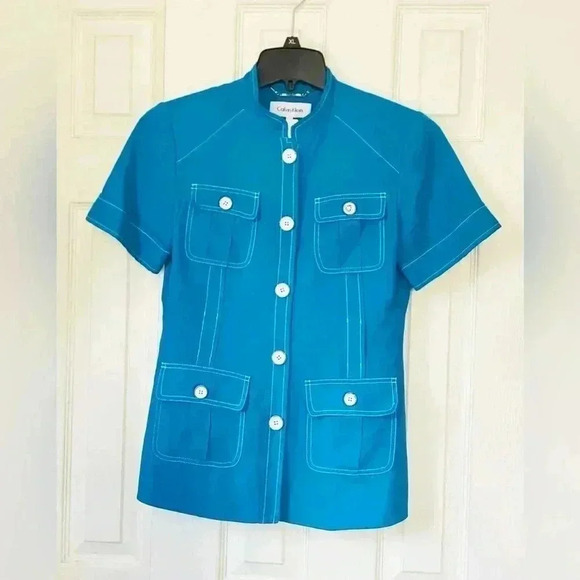Calvin Klein Women's Aqua Blue Linen Short Sleeve Buttons Front Jacket Size 4 - Picture 1 of 6